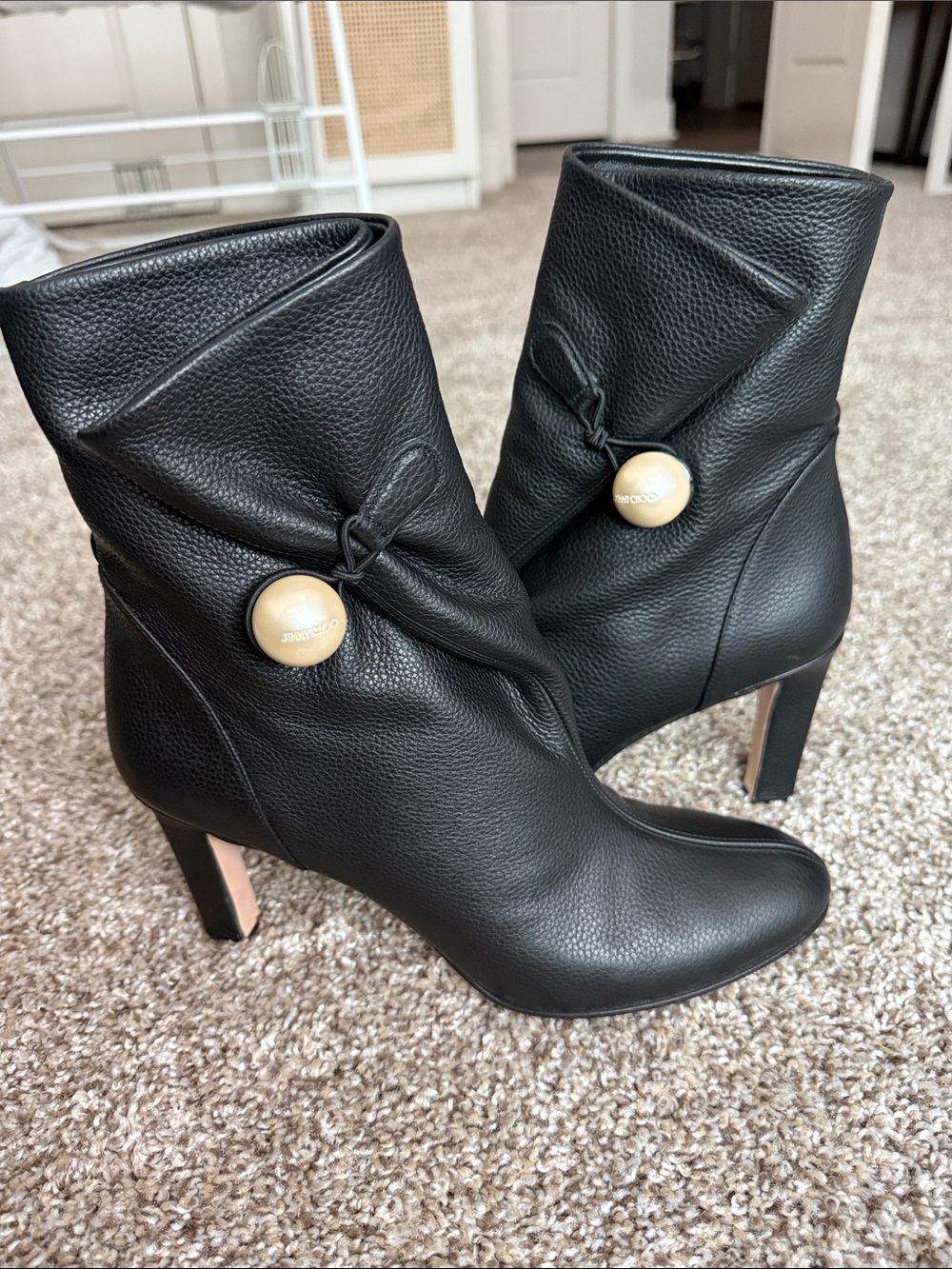 Jimmy Choo Black Leather Ankle Boots with Pearl Button